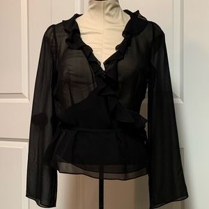 Kay Unger Silk Black Sheer Ruffle Wrap Blouse 6